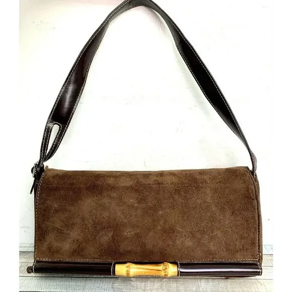 La Laurent BROWN GENUINE SUEDE LEATHER FLAP SATCHEL SHOULDER BAG HANDBAG PURSE - Picture 2 of 11